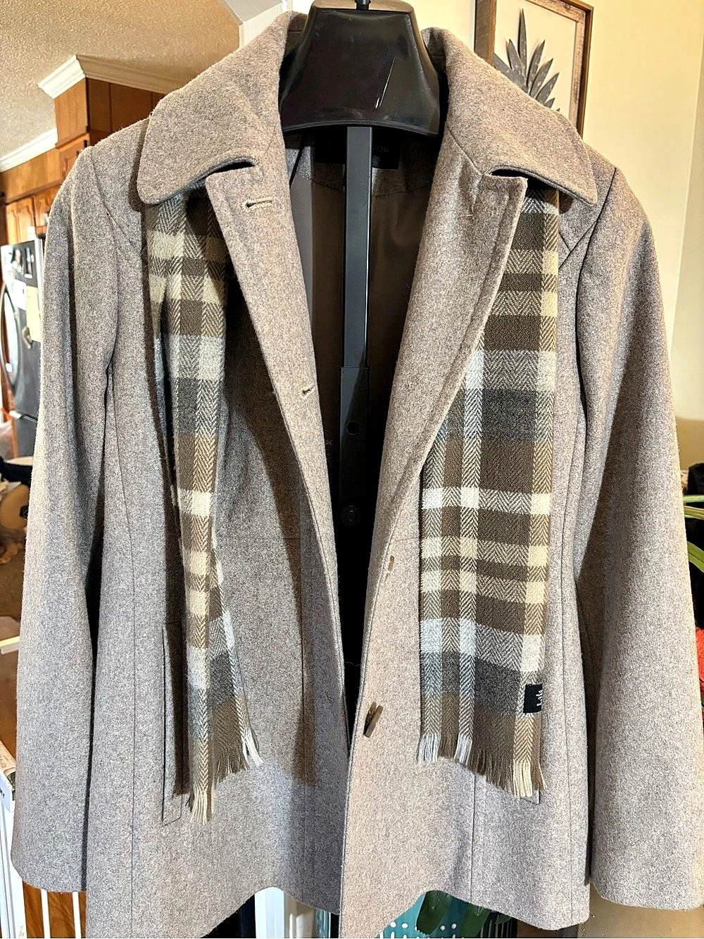 London Fog Plaid Scarf Pea Coat in Gray & Brown Size Large
